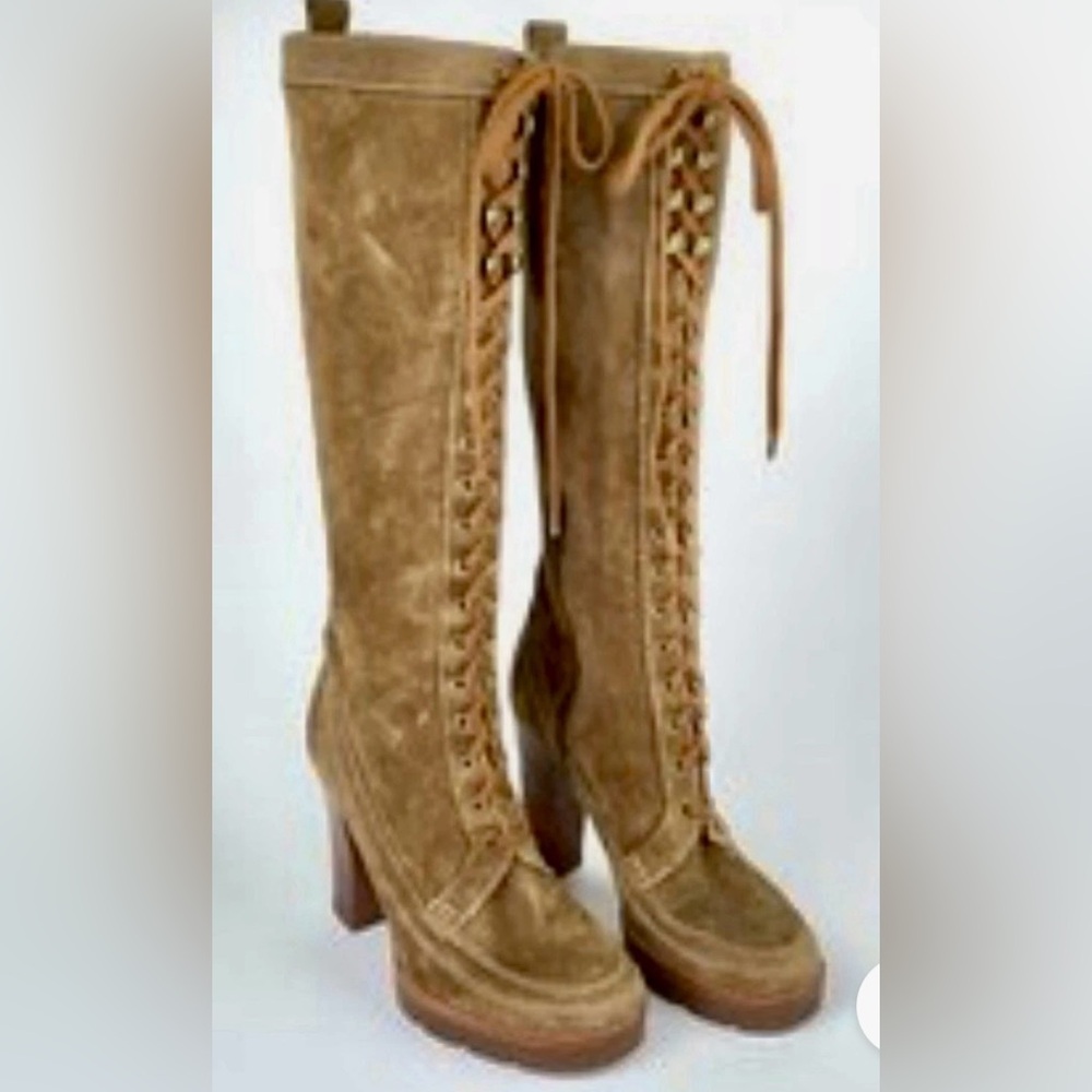 Michael Kors Aquarius Tan Suede Lace Up Knee High Heel Boots Womens Size 8.5 New